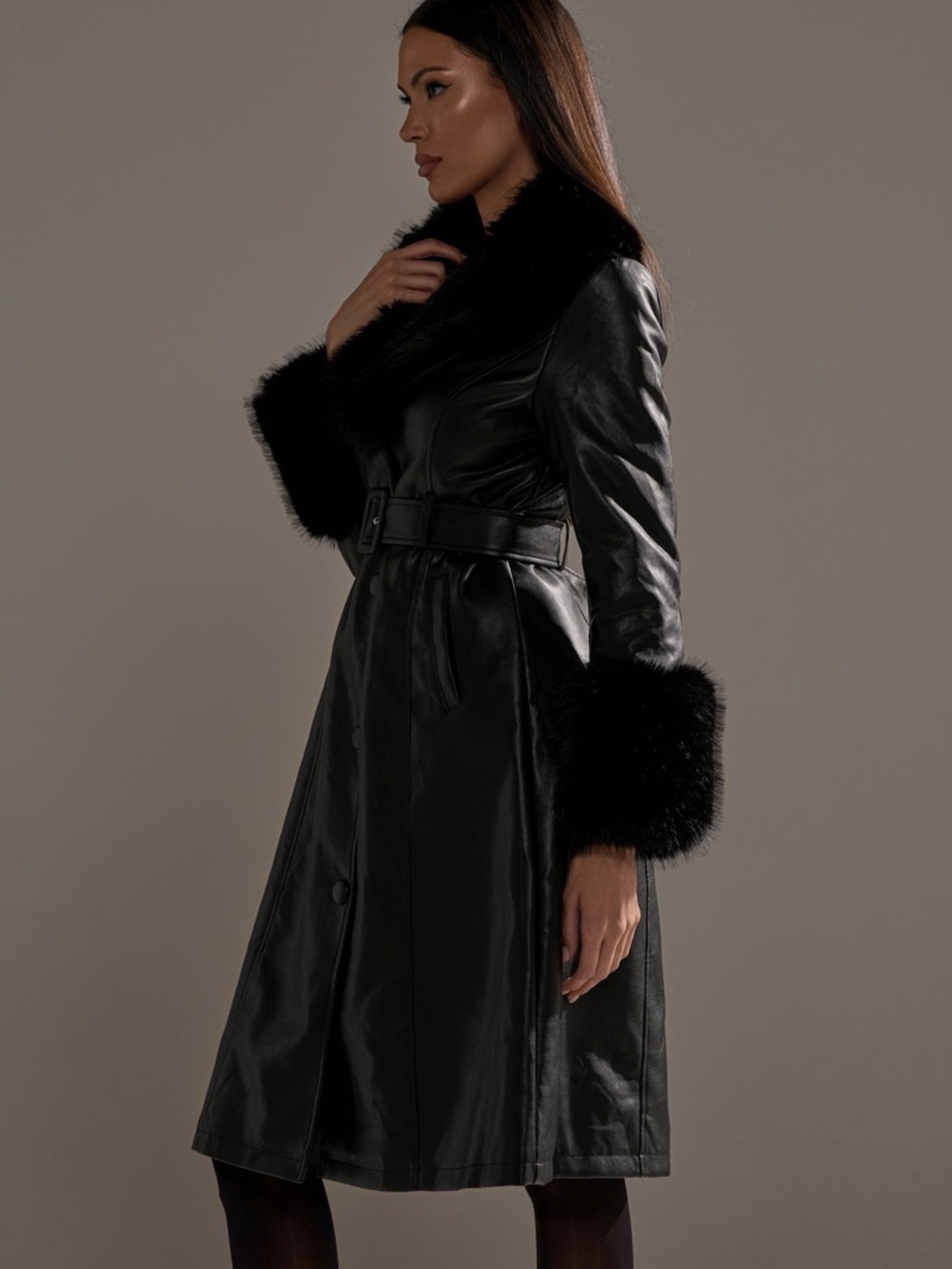 AKIRA Black Faux Leather Trench Coat with Fur Trim